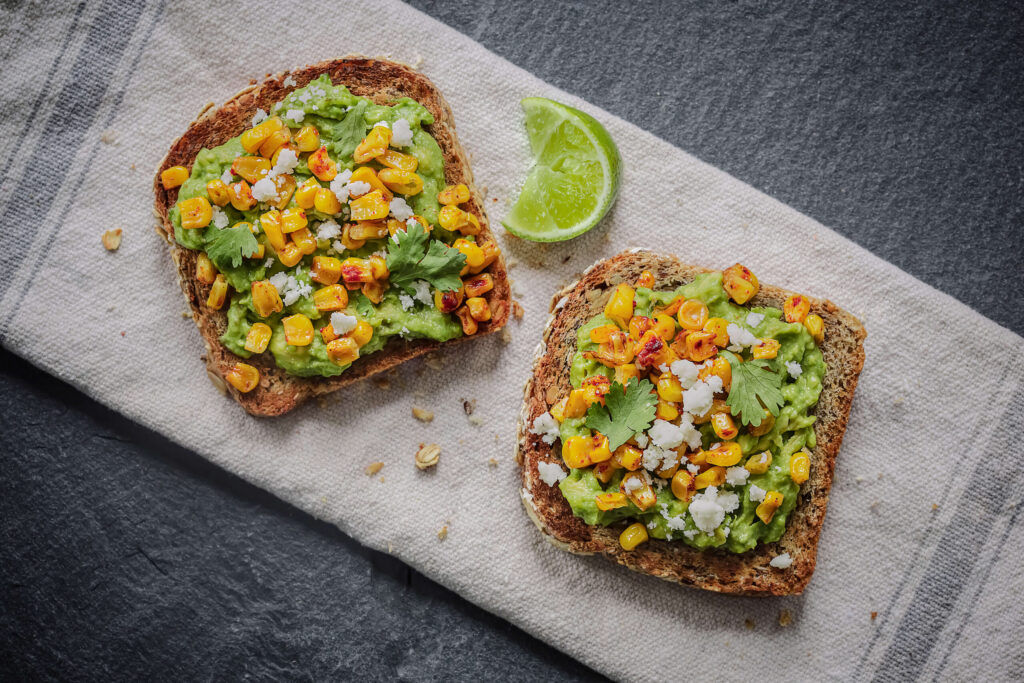 Avocado toast w blackened corn queso cc