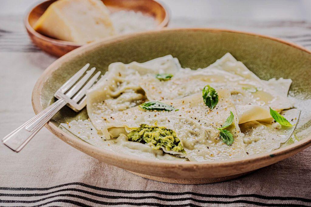Pea parmesan wonton ravioli cc