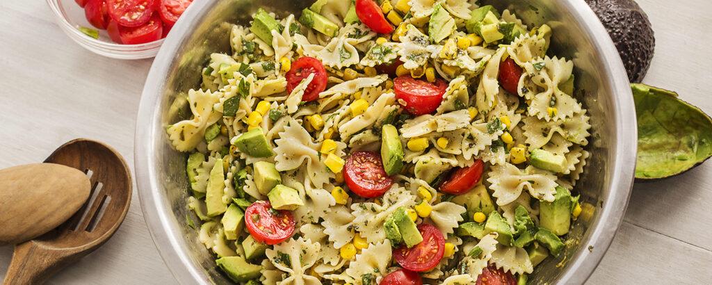 pesto pasta salad with corn and avocado