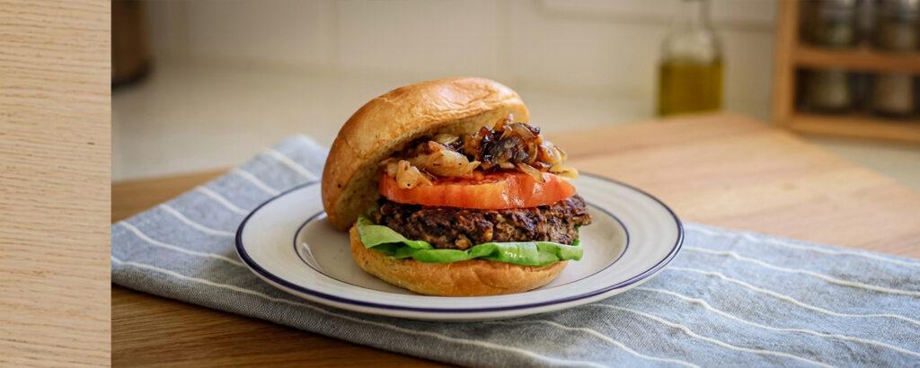 Black bean burger with caramelized onions