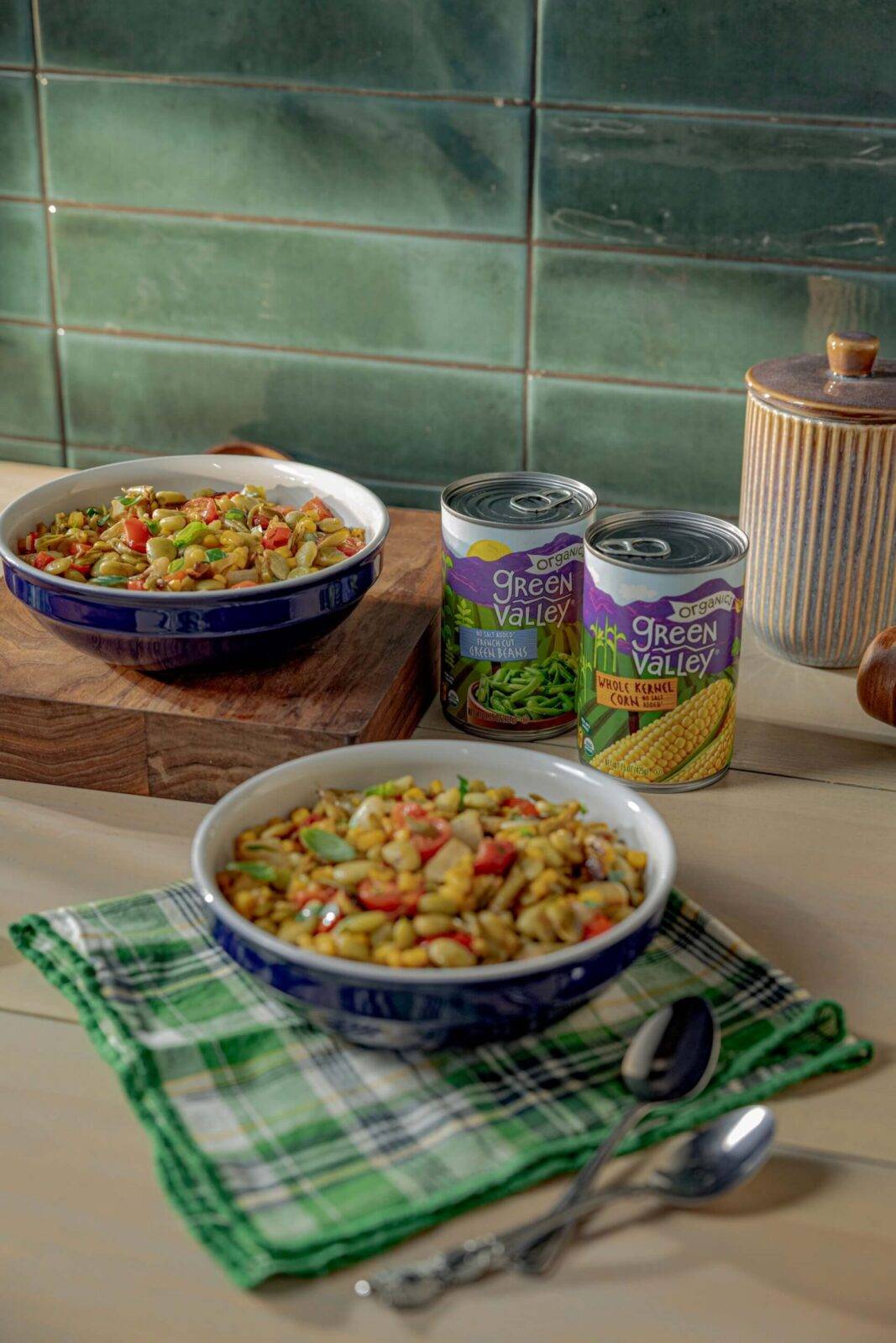 Succotash made with Green Valley Organic Whole Kernel Corn and Green Valley Organic French Cut Green Beans